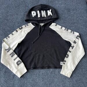 Victoria's Secret PINK Hoodie Womens Small Black Cropped PINK Nation Raglan